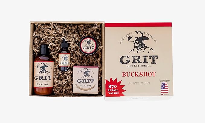 GRIT Boxed Gift Set Bundle Buckshot - Includes 1 Soap, 1 Lotion, 1 Beard Oil, and 1 Beard Balm | All Natural | Dye-Free Lotion | Enriched with Nourishing Goat Milk |
