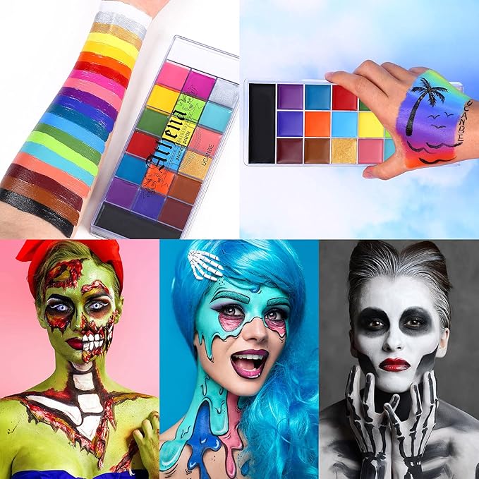 UCANBE Athena Face Body Paint Oil Palette + Translucent Setting Powder + 10PCS Brushes Set, Professional Non Toxic Face Painting Pallet Kit for Halloween SFX Cosplay Clown Makeup for Women Adults