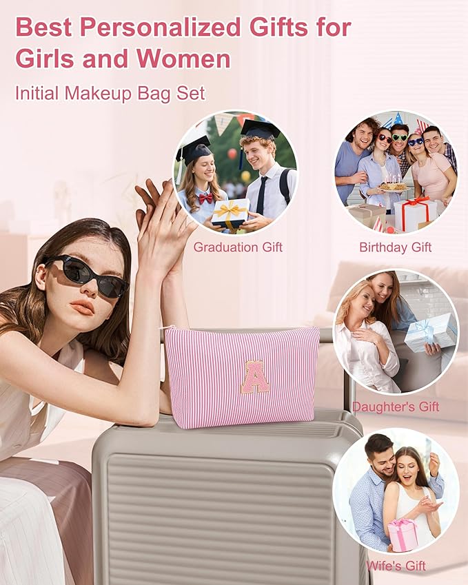 MONSTINA Personalized Initial Makeup Bagfor Women,Make Up Case for Girlfriend Bridesmaid Wife,Birthday Gift for Her Cute Toiletry Bag,3PCS,Pink Z