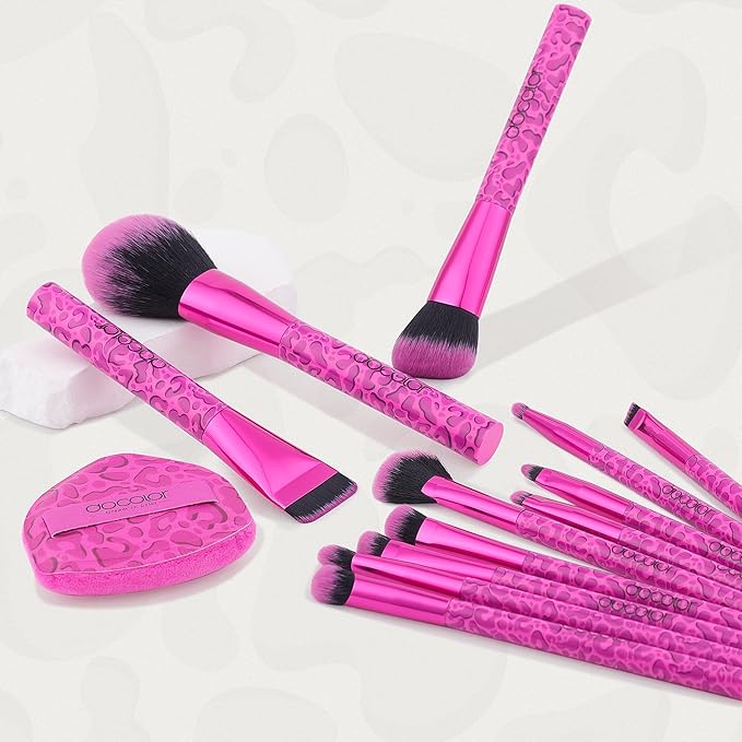 docolor Makeup Brushes 12PCS Pink Leopard Makeup Brush Set Premium Synthetic Foundation Powder Concealers Eyeshadow Blush Make Up Brushes with 1PC Large Powder Puffs