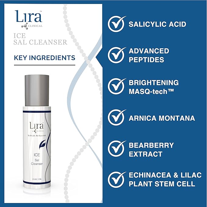 Lira Clinical ICE Sal Cleanser – Salicylic Acid Face Wash with Plant Stem Cells, Echinacea and Peptides – Cooling Exfoliating Facewash – Gentle Clarifying Travel Size Daily Facial Cleanser - 6 Oz