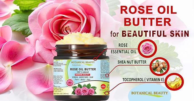 Botanical Beauty ROSE OIL BUTTER 100% Natural Rose Essential Oil in Shea Nut Butter for FACE SKIN BODY HAIR NAILS Beauty Skin Moisturizer Oil Butter Skin Nourishing (8 Fl Oz)