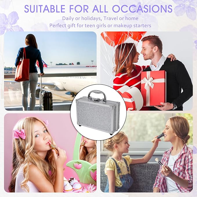 Makeup Kit for Teenager & Women Full Kit, All in One Makeup Set With The Small Cosmetic Train Case, Professional Makeup Kit, Makeup Gift Set for Women Girls (silver)