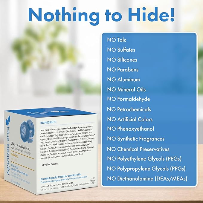 Blue Beautifly Bilberry Antioxidant Hydrating Face Mask - Infused with Blueberry, Açaí, and Spirulina Extract - Plant-based with No Synthetic Additives - Softens Lines. Improves Elasticity - 2 fl oz