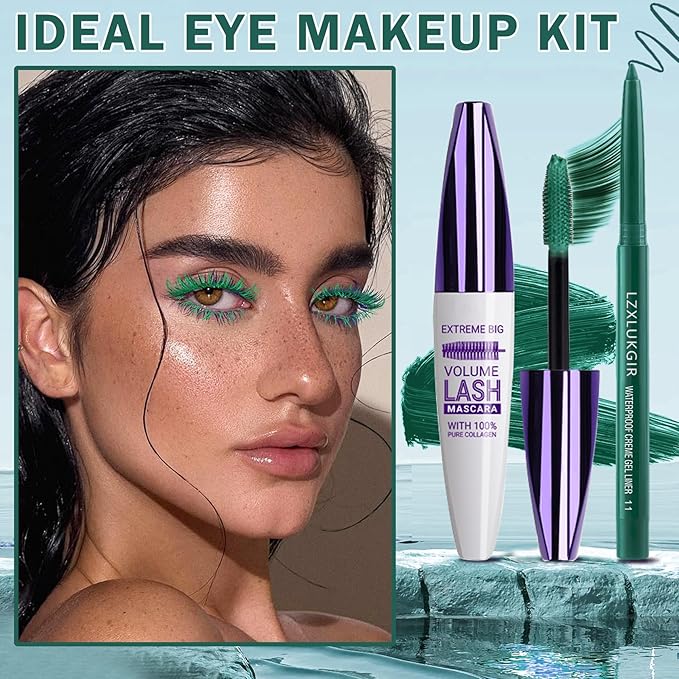 Green Mascara and Eyeliner Set,Natural Curling Green Mascara for Eyelashes,Volumizing Lengthening Rimel de Pestañas Waterproof,5D Colored Eye Makeup