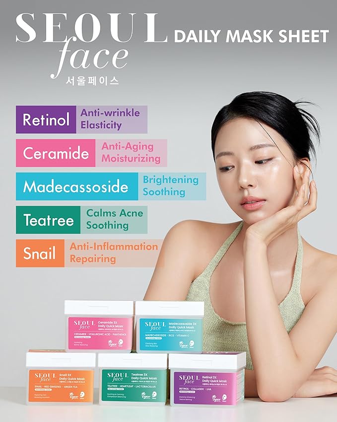 DERMAL Seoul Face Snail 3X Daily Quick Mask 36 Sheet – Korean Skincare Vegan Tencel Facial Masks - Skin Repairing, Anti Aging Face Mask Sheets with Ginseng Root, Green Tea Leaf Extract