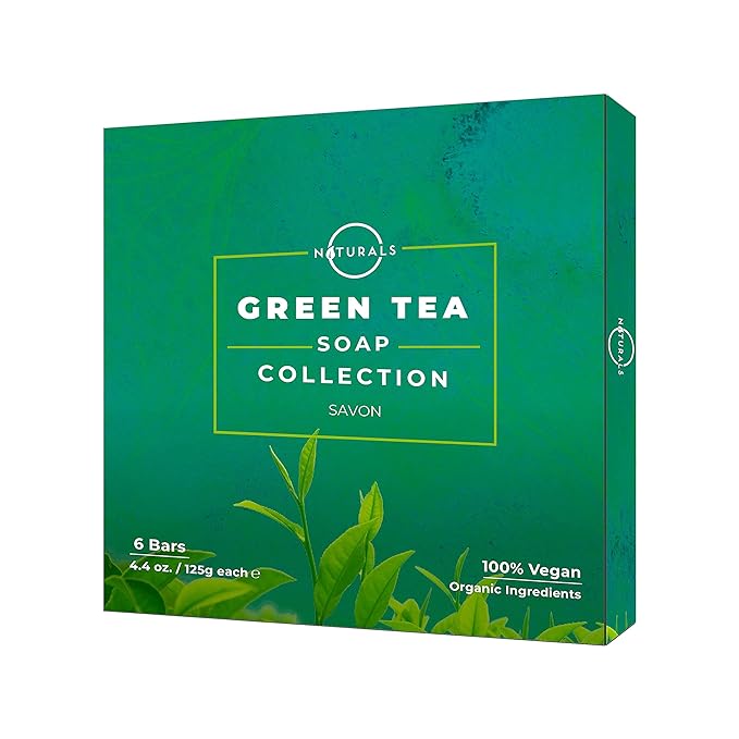 O NATURALS 100% Natural Bar Soap - Gift Set - Organic Ingredients & Essential Oils - Spa Gifts for Women & Men, Body Wash & Face Soap - 6PC Green Tea Soap Collection