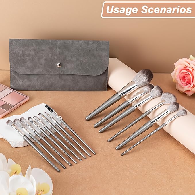 Makeup Brushes, 14 Pcs Professional Makeup Brush Set, Eye and Face Foundation Brush Set, Eyeshadow Brushes, Cosmetic Brushes, with Envelope Bag, Dark Gray