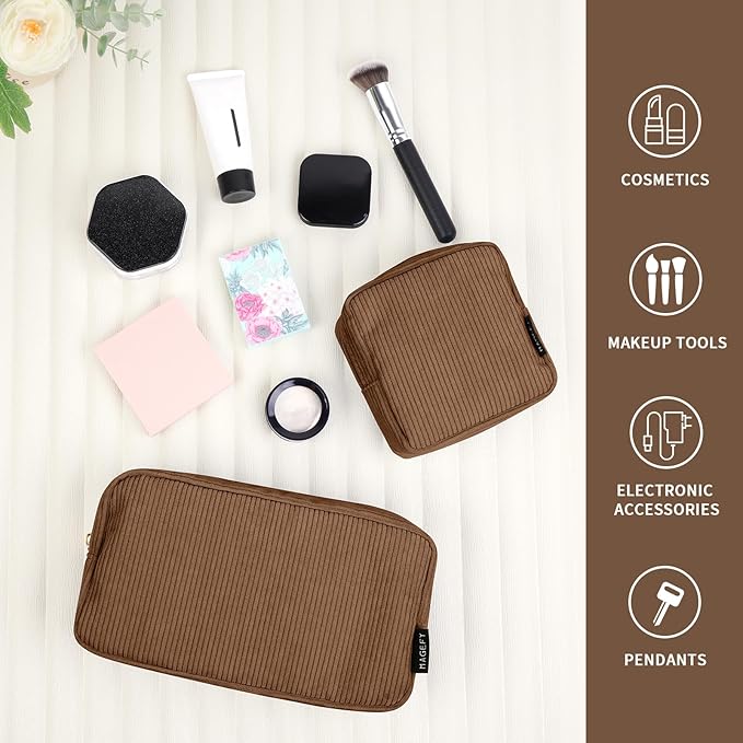 MAGEFY Small Makeup Bag for Purse Mini Cosmetics Bag Corduroy Cute Cosmetic Pouch for Women with Slip-in Pockets