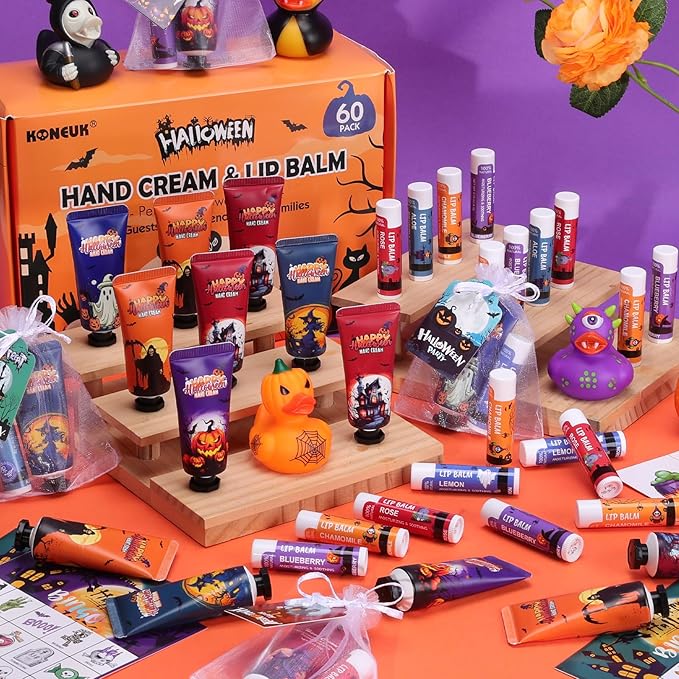 60 Pack Halloween Hand Cream and Lip Balm Set for Women, Bulk Hand Lotion for Halloween Gifts, Halloween Party Favors, Party Supplies, Decorations, Goodie Bags with Halloween Card and Organza Bags