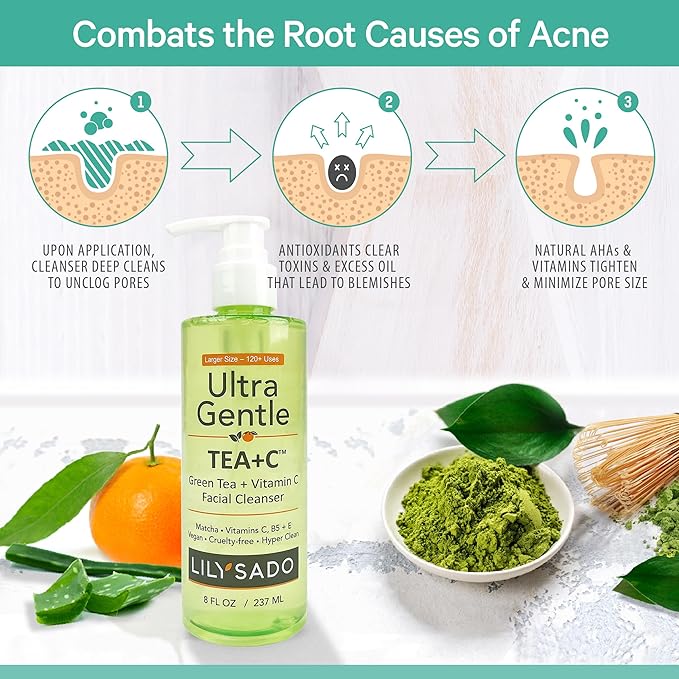 LILY SADO TEA+Cโข Green Tea & Vitamin C Face Cleanser โ Natural Vegan Antioxidant Daily Face Wash with Aloe, Rosehip, Meadowfoam - Gentle Deep Cleansing for Acne, Blackheads, Blemishes. 8 oz