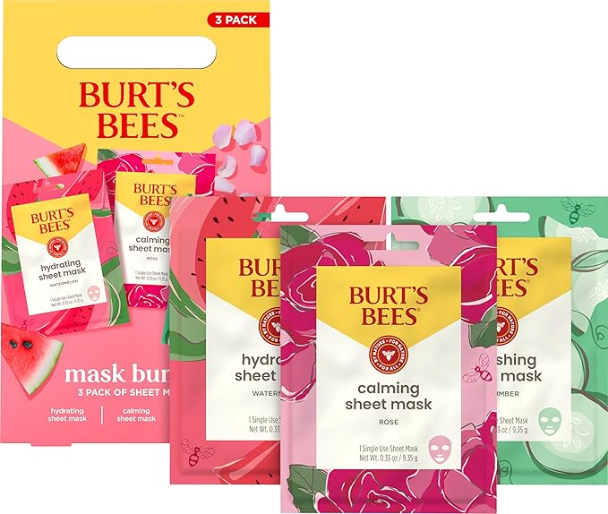 Burt's Bees Back To School Gift Ideas, Face Mask Bundle, Hydrating Watermelon, Calming Rose, & Refreshing Cucumber, Face Sheet Masks for Single Use Skin Care, 99% Natural Origin, 3 Count, 0.33oz Each