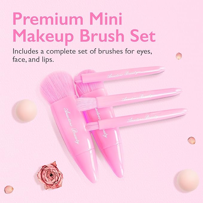 Travel Makeup Brushes Set, Easy Taken 5pcs Mini Makeup Brushes Kit with mirror, ON-THE-GO, Makeup Set for Beauty Blender, Get Glam On-the-Go! Pink