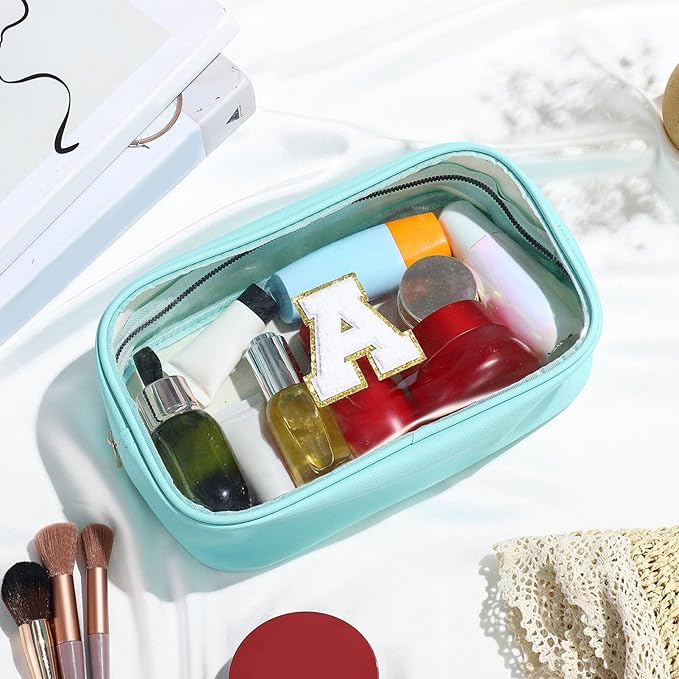 YOOLIFE Initial Make Up Bag Travel Toiletry Bag, Clear Makeup Bag Preppy Cosmetic Bags Organizer Travel Essentials Gifts for Women Teen Girlfriend Teacher Mom Brithday Mothers Day Gifts, Large, Blue