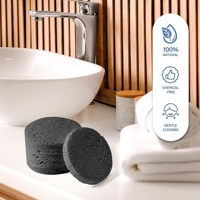 50-Count Black Compressed Facial Sponges for Daily Facial Cleansing and Exfoliating, 100% Natural Cosmetic Spa Sponges for Makeup Remover, Reusable
