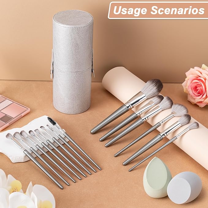 Makeup Brushes, 14 Pcs Professional Makeup Brush Set, Eye and Face Foundation Brush Set, Eyeshadow Brushes, Cosmetic Brushes, with 2 Blender Sponge and PU Case, Silvery