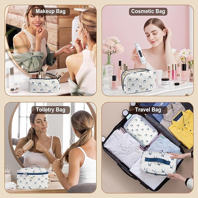 TOPEAST Travel Makeup for Women Girl, 3Pcs Large Cute Quilted Make up Bag Organizer for Purse, Portable Big Cosmetic Brush Pouch with Zipper Compartment, Blue Bow