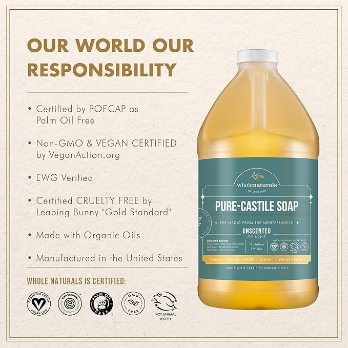 Pure Castile Soap Liquid, EWG Verified & Certified Palm Oil Free Unscented, Natural, Mild & Gentle Non-gmo & Vegan - Organic Body Wash, Laundry, Pet/Dog and Baby Soap - 64 Fl Oz