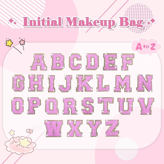 Small Initial Patch Makeup Bag Personalized Gifts Make Up Bag,White Cute PU Leather Glitter Letter Cosmetic Bag with Zipper,Trendy Portable Travel Toiletry Pouch,Preppy Stuff for Teen Girls Women A