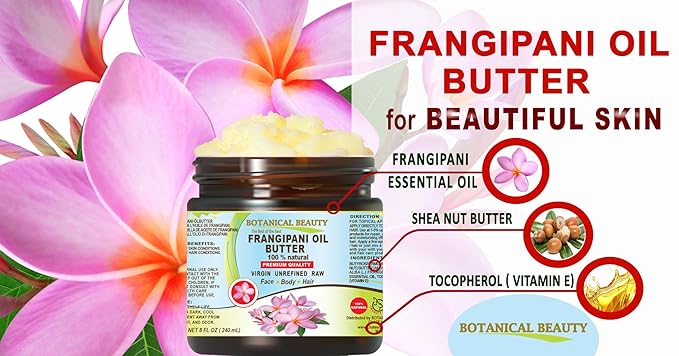Botanical Beauty FRANGIPANI OIL BUTTER 100% Natural. Frangipani Essential Oil in Shea Nut Butter for FACE, SKIN, BODY, HAIR, NAILS. Beauty Skin Moisturizer Oil Butter. (8 Fl Oz)