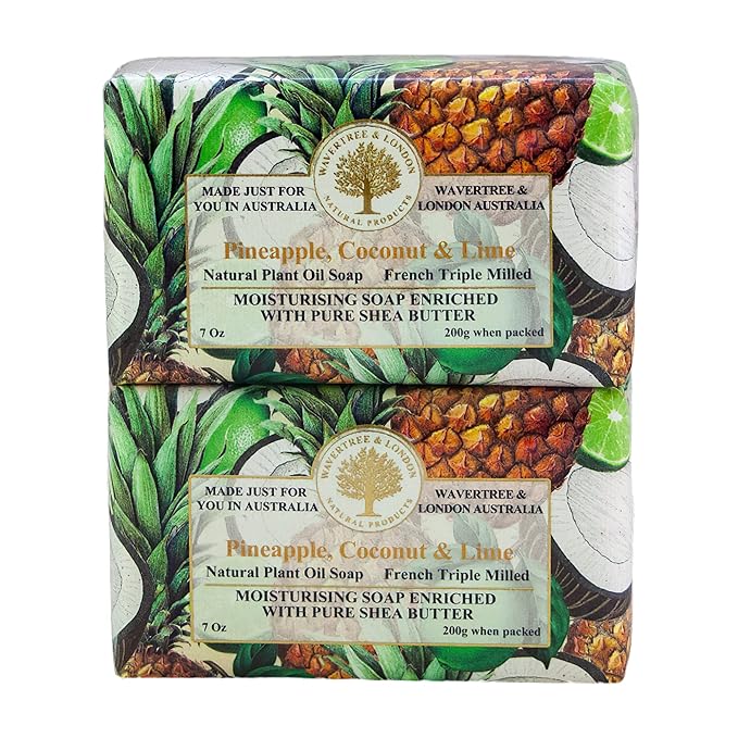 Wavertree & London Pineapple, Coconut & Lime Scented Natural Soap (2 Bars), 7oz Moisturizing French Triple Milled Soap Bars enriched with shea butter - Pure Plant Oil Bath & Body Soap Bars