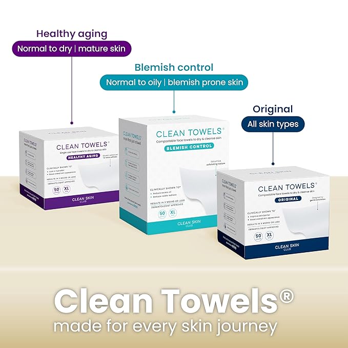 Clean Skin Club Bamboo Viscose Clean Towels XL™, 100% USDA Biobased Face Towel, Disposable Face Towelette, Makeup Remover Dry Wipes, Ultra Soft, 50 Ct, 1 Pack