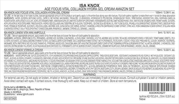 ISA KNOX AGE FOCUS VITAL COLLAGEN Hydra Gel Cream, LXNEW VITA MAX Ampoule, LXNEW VITAMELA Cream (15 ml/3.89 fl oz) - Korean Skin Care by LG Beauty. Vitamins C, B12 & E.