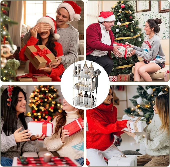 Bathroom Counter Organizer Countertop, 3 Tier Makeup Perfume Storage with Hair Dryer Rack and Toothbrush Holder, Cosmetic Tray for Vanity - Clear