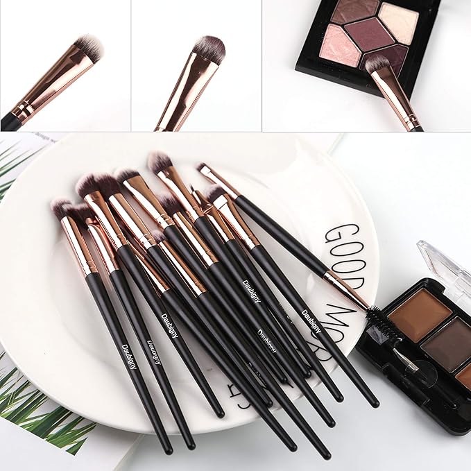 Daubigny Eye Makeup Brushes, 12 PCS Professional Eye shadow, Concealer, Eyebrow, Foundation, Powder Liquid Cream Blending Brushes Set With Carrying Bag (Black)