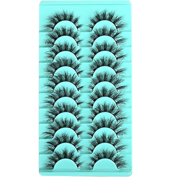 Mink False Eyelashes, 10 Pairs Fluffy Cat Eye Strips, Natural Looking Short Lashes with Soft Band, 3D Multi-Layered, Reusable, Cruelty Free (Flare Wispy, 9-15mm, Black)