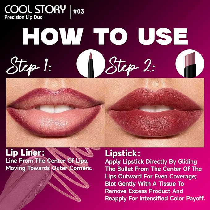 COOL STORY 2 Piece Lip Liner and Lipstick Set, Long Lasting Formula, Professional Makeup Kit (03)