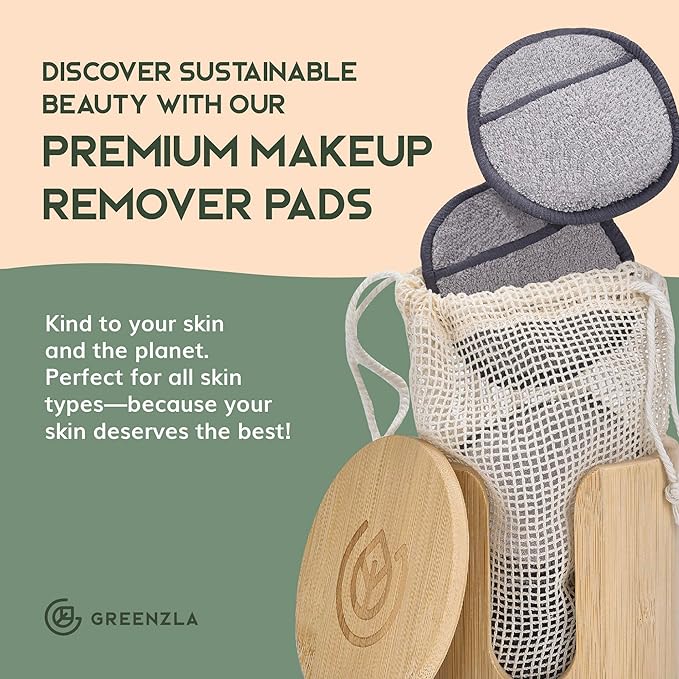 Greenzla Reusable Makeup Remover Pads Premium Set, 12 Pack Microfiber Cotton Pads, Charcoal Cotton Rounds, Bamboo Terry Face Wipes for All Skin Types with Mesh Laundry Bag and Bamboo Storage