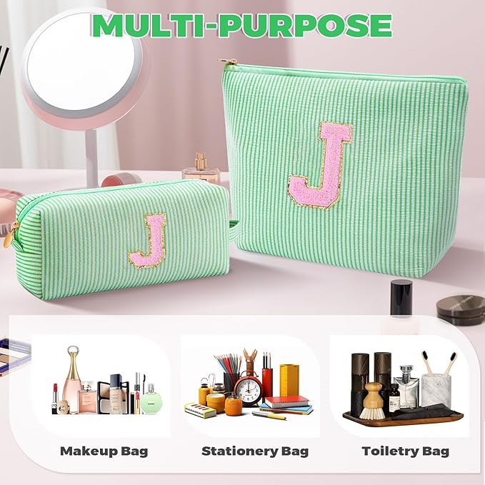 Monogrammed Gifts for Women - Cosmetic Bag for Teen,Initial Cute Makeup Bag Set for Women,Trendy Pouch for Niece Sister Friend Female Her,Birthday Gifts for Daughter - Green,J