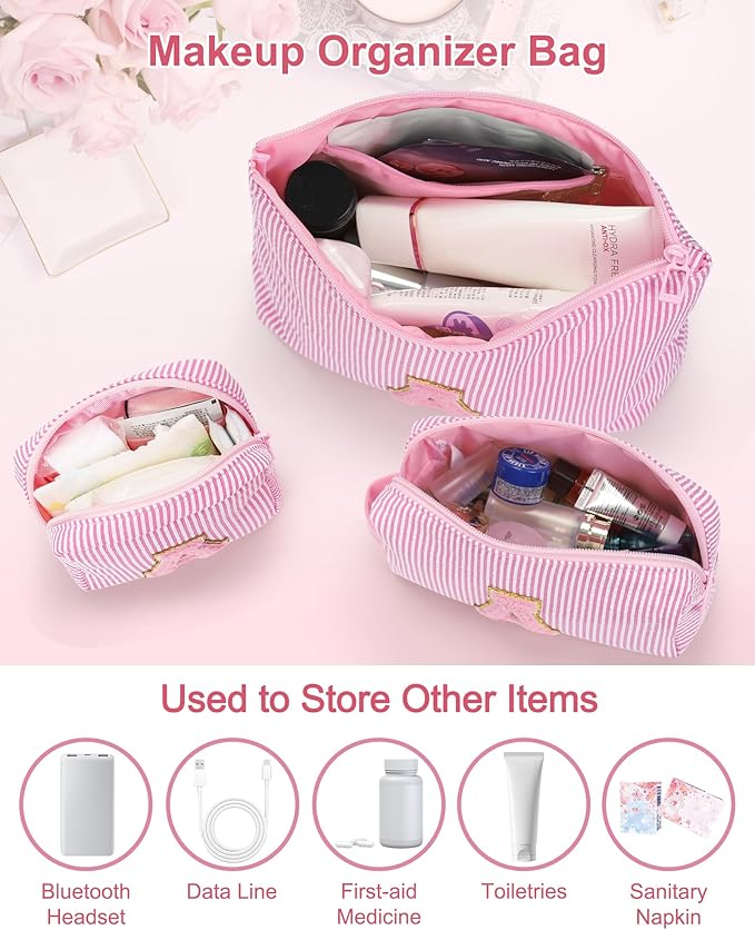 MONSTINA Personalized Initial Makeup Bag for Women,Make Up Case for Girlfriend Bridesmaid Wife,|Personalized Gifts for Women Friends|Cute Toiletry Make Up Traveling Stuff Organizer,Pink X