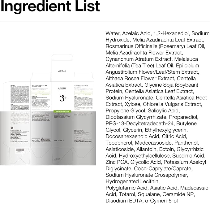 Anua Azelaic Acid 3 CICA Skin Claryfing Toner, Soothing & Clear Care, with Salicylic Acid & Azelaic Acid, Sebum & Spot Care, Suitable for Sensitive Skin, Korean Skin Care (250ml / 8.45 fl.oz.)
