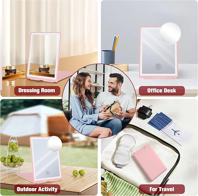 Travel Makeup Mirror with Lights, Rechargeable Portable Folding Compact Mirror Set with Tweezer, Lighted Makeup Mirror with 72 LED 3 Color Light Modes, Dimmable Touch Screen LED Mirrors-Pink