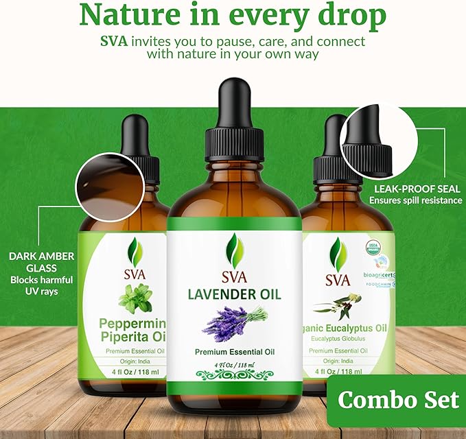 SVA Peppermint, Lavender and Eucalyptus Essential Oil 4oz Bundle Super Saver Combo – Premium Grade Value Set for Aromatherapy, Scalp Massage, Hair Care, Skin & Body