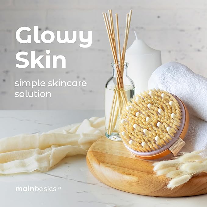 MainBasics Dry Brushing Body Brush for Lymphatic Drainage, Dry Skin, Cellulite, Blood Circulation with Exfoliating Natural Bristles and Massage Nodes for Flawless Skin