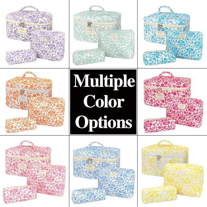 Yellow Large Quilted Floral Makeup Bag Set of 3 Cute Coquette Aesthetic Cosmetic Bag Set Travel Toiletry Bag for Women
