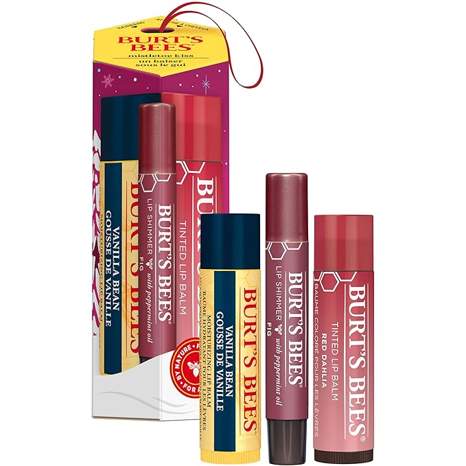Burt's Bees Christmas Gifts, 3 Lip Care Stocking Stuffers Products, Mistletoe Kiss Set - Vanilla Bean Moisturizing Lip Balm, Red Dahlia Tinted Lip Balm & Fig Lip Shimmer (3-Pack)