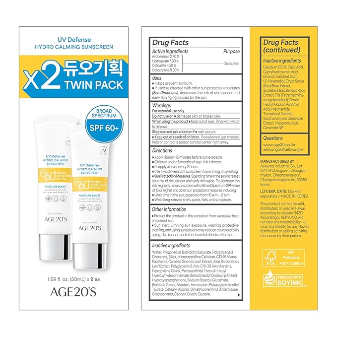 AGE20'S UV Defense Hydro Calming Sunscreen SPF 60+ | Korean Sunscreen | Moisturizing Creamy Formula, No White Cast, Lightweight Finish | Green Tea + Aloe Vera | Dermatest Excellent | 1.69 fl.oz*2