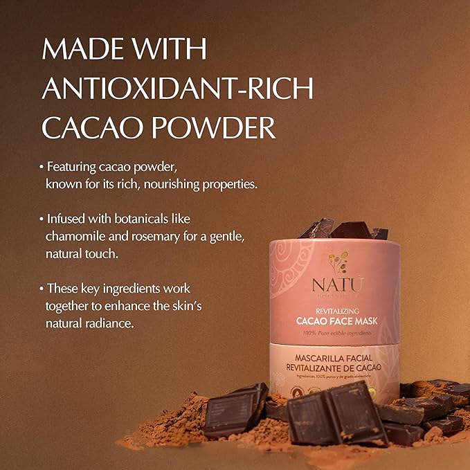 NATÚ BOTANICALS Revitalizing Cacao Hydrating Face Mask - Antioxidant Rich Moisturizing Face Mask with Indulgent Chocolate Scent - Calming, Soothing Facial Masks for Radiant & Glowing Skin 3.5oz