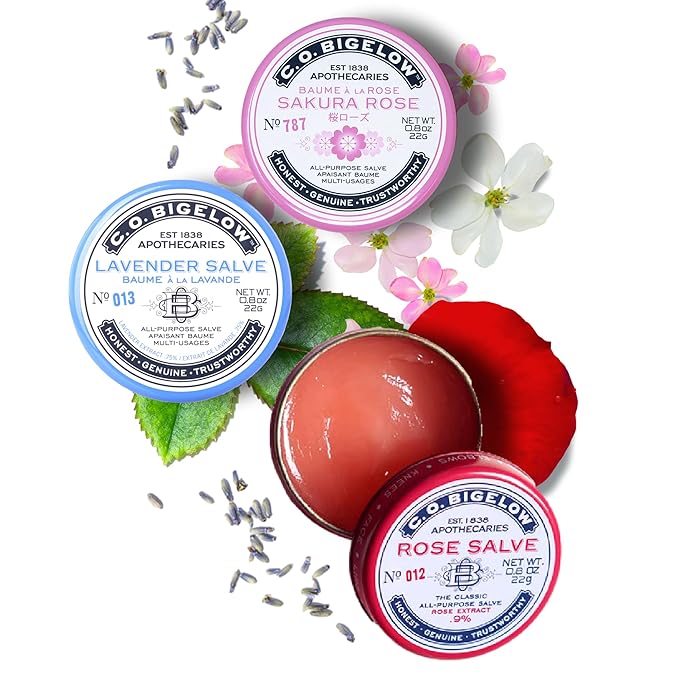 C.O. Bigelow Assorted Salve Tins, Pack of 3 Lip Balm Tins, Rose, Lavender, and Sakura Rose All Purpose Salve for Lips, Cuticles, Hands & Dry Skin, Lip Balm Set, 0.8 oz