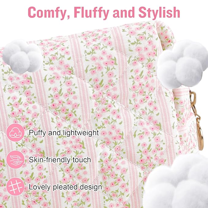 Personalized Quilted Cosmetic Bag, Puffy Monogrammed Christmas Birthday Gifts for Women & Girls, Cute initial Floral Makeup Bag Puffer Coquette Bag, Aesthetic Travel Toiletry Zipper Pouch(Pink,I)