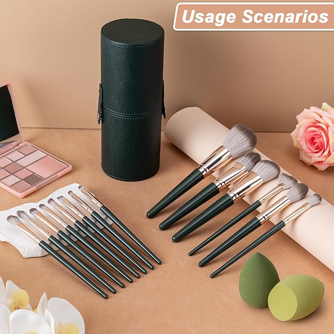 Makeup Brushes, 14 Pcs Professional Makeup Brush Set, Eye and Face Foundation Brush Set, Eyeshadow Brushes, Cosmetic Brushes with 2 Blender Sponge and PU Makeup Pail, Dark Green