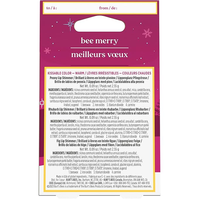 Burt's Bees Shimmer Lip Tint Stocking Stuffers Set, Tinted Lip Balm, Moisturizing for All Day Hydration with Natural Glowy Pigmented Finish & Buildable Color, Kissable Color, Warm Collection (3-Pack)