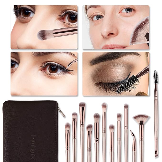 Daubigny Eye Makeup Brushes,12 PCS Professional Eye shadow, Concealer, Eyebrow, Foundation, Powder Liquid Cream Blending Brushes Set With Carrying Bag(Champagne Gold)