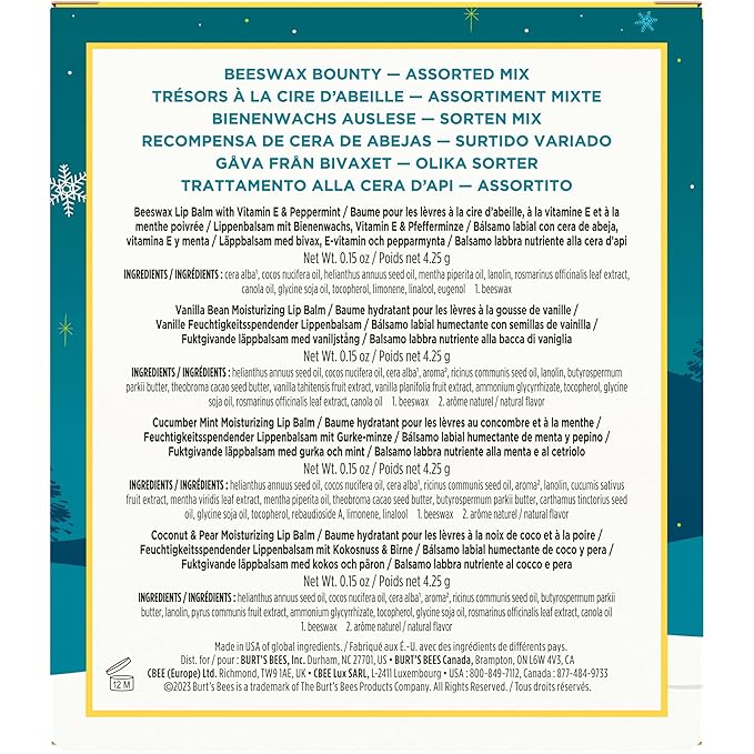 Burt's Bees Christmas Gifts, 4 Lip Balm Stocking Stuffers Products, Assorted Mix Set - Classic Beeswax, Vanilla, Cucumber Mint & Coconut and Pear (4-Pack)