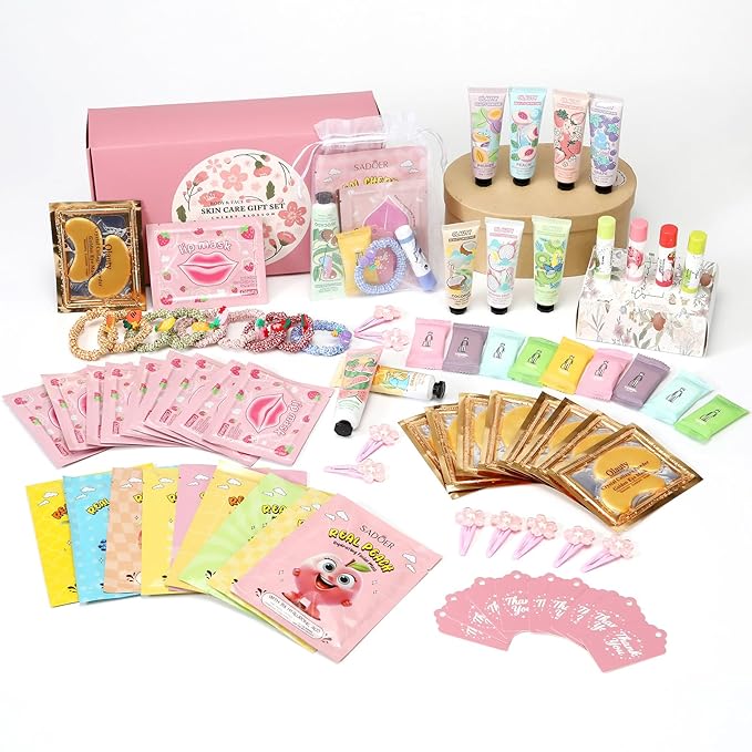 100Pcs Spa Party Supplies for Girls,Spa Party Favors Skincare Fruit Face Masks,Lip Masks,Under Eye Patches,Hand Cream,Lip Balm,Compressed Towel,Hair Tie,Spa Birthday Sleepover Party Supplies for Women