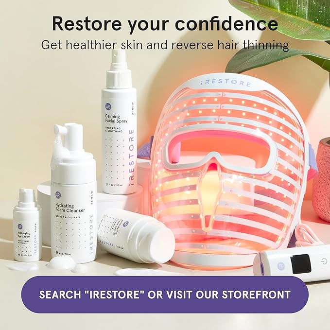 iRestore Red Light Therapy for Face - Anti Aging LED Face Mask for Youthful Radiant Skin with Reduced Wrinkles, Fine Lines - Red, Blue & Infrared Therapy Mask - Facial Skincare Device with 360 LEDs